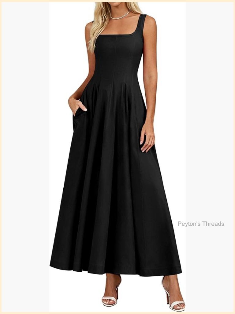 Sleeveless Square Neck A-Line Midi Dress With Pockets For Wedding Guest Party